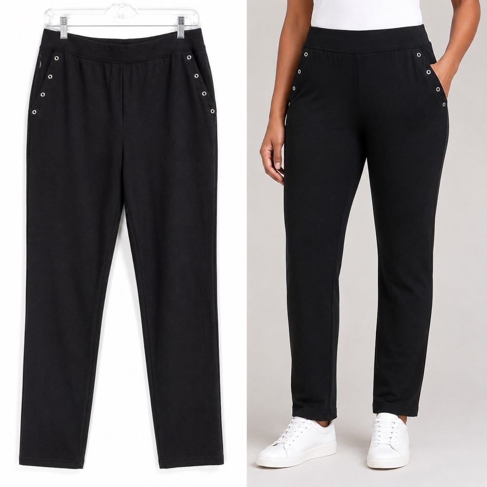 Denim & Co Pants Womens Medium Black Grommet Accents Ankle Length Pull On Casual